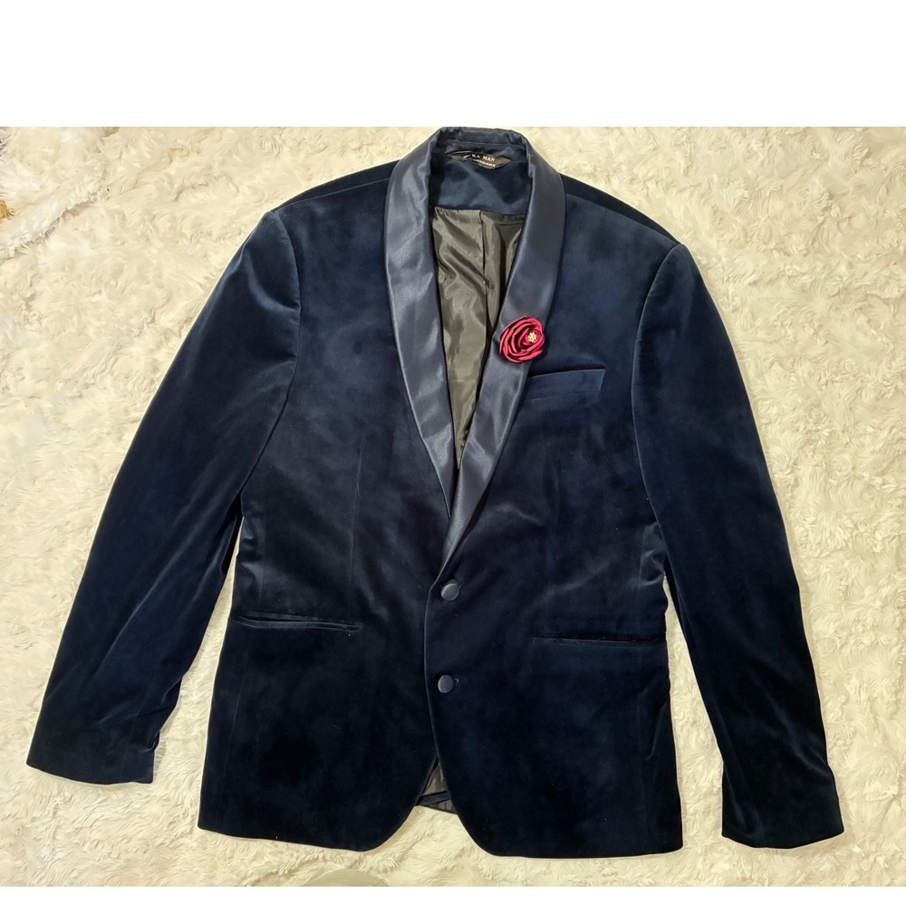Zara Man Navy Blue Velvet Blazer Satin Shawl Lapel Rose Detail Mens 46 US/56 EUR